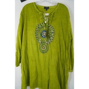 Fig & Vine Chartreuse Green Boho Hippie Chic Embroidered Mirror Tunic Top XL NWT